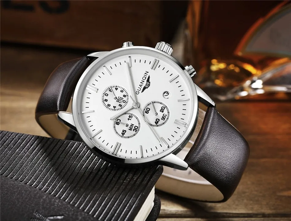 GUANQIN Quartz Watch Mens Watches Top Brand Luxury Chronograph Clock Men Sport Waterproof Leather Wristwatch relogio masculino