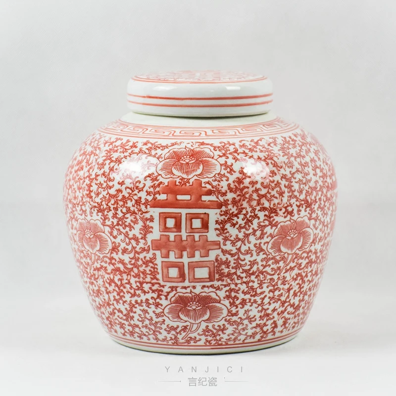 Chinese Hand Painted Red And White Ceramic Porcelain Jars With Double
