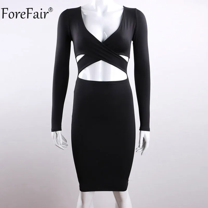 ForeFair с длинным рукавом Bodycon Midi Бандажное платье для женщин хлопок эластичные элегантные сексуальные платья белый черный красный Женское зимнее платье