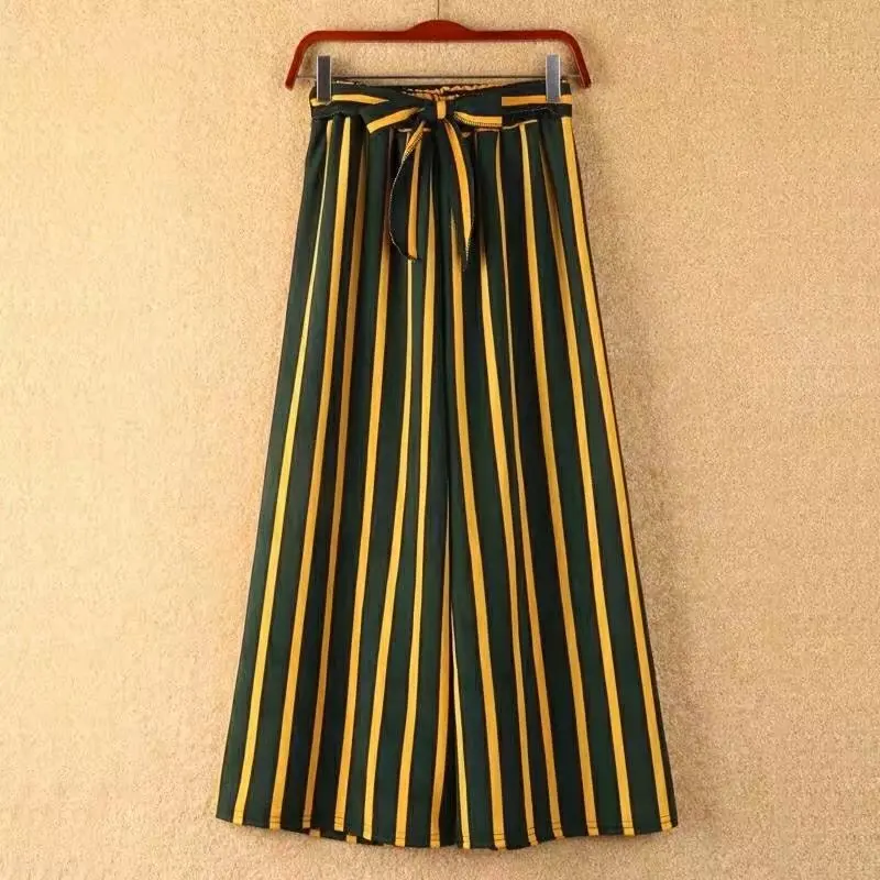 Korean Striped High Waist Pantalones Mujer With Belt 2020 Autumn Slim Casual Loose Pants Femme Elastic Trousers Women | Женская одежда