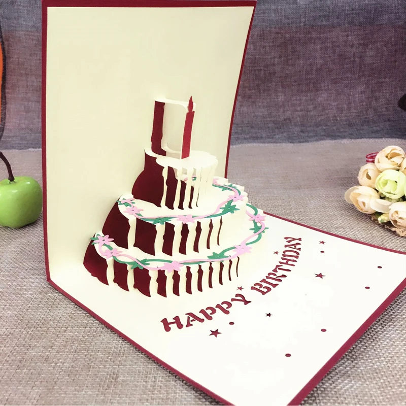 1pcs Sample Happy Birthday Postcard Greeting Gift Cards Kraft Kirigami 3D Handmade Pop Up Laser Cut Vintage Cake with Envelope (5)