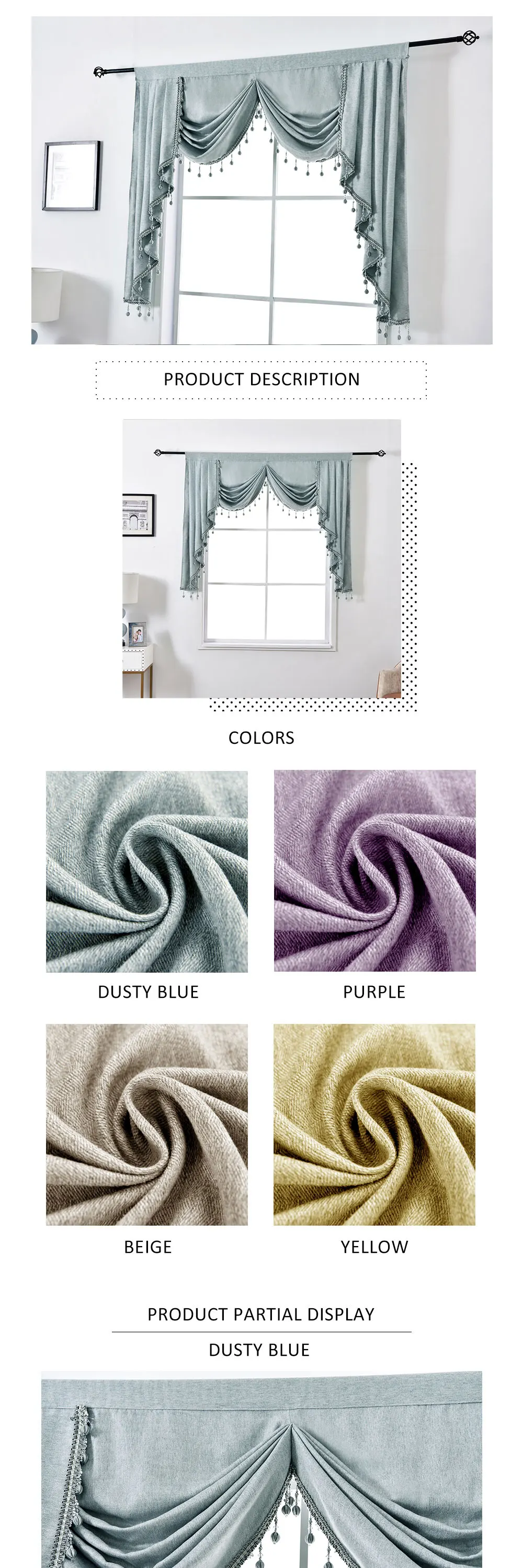 LOZUJOJU European Short Curtain Solid Color Valance Rustic Home Decor Drops for Bedroom Windows Thread Fabric Beads Match Luxury (1)