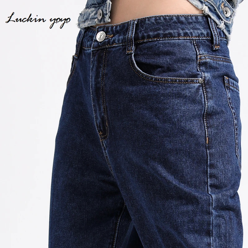 Luckinyoyo Mid Waist Mom Jeans Casual Plus Size Women's Jeans Pant Cotton Loose Style Full Length High Street Denim Jeans