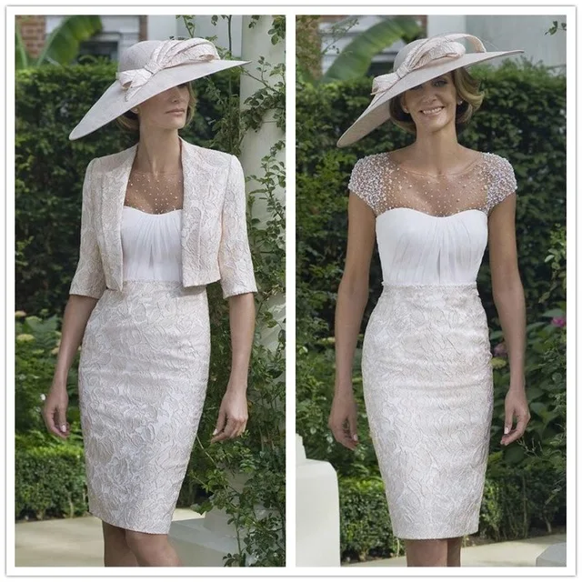 

Elegant 2019 Mother Of The Bride Dresses Sheath Lace Beaded With Jacket Short Wedding Party Dress Mother Dresses For Wedding