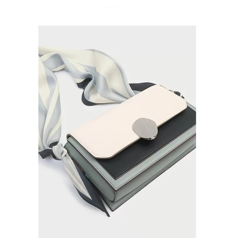 

IMIDO European new fashion simple contrast color organ silk scarf leather shoulder slung small square bag