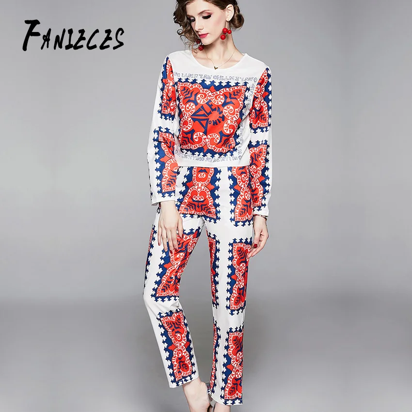 

2019 Fashion Chain Striped Printed Suit Sets 2 Piece O-Neck Full Sleeve Shirt Top + Pencil Pants Sets For Women Runway Twinsets