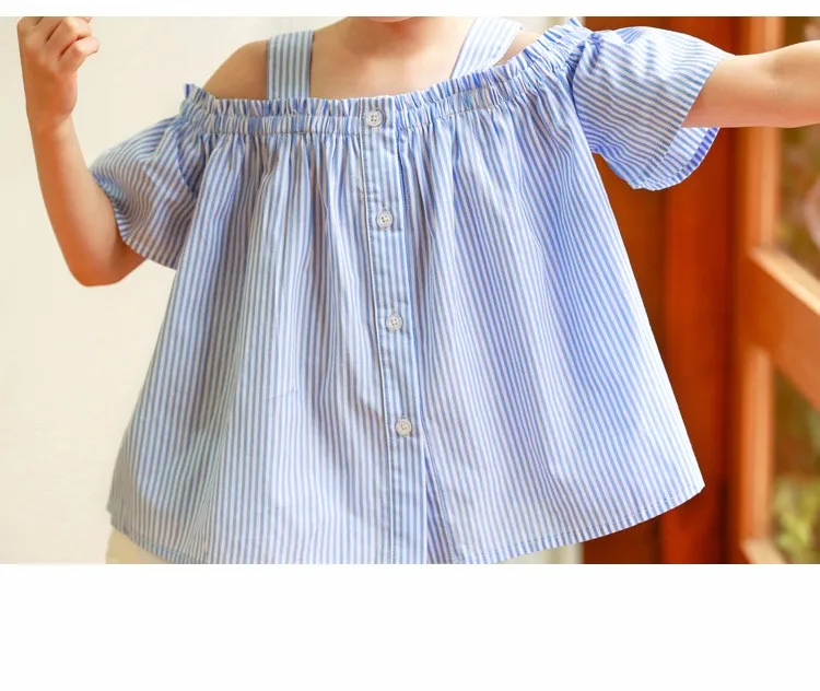 blue striped baby teenage girls shirts princess off shoulder loose cute teenage shirts Korean style spring summer autumn tops (27)