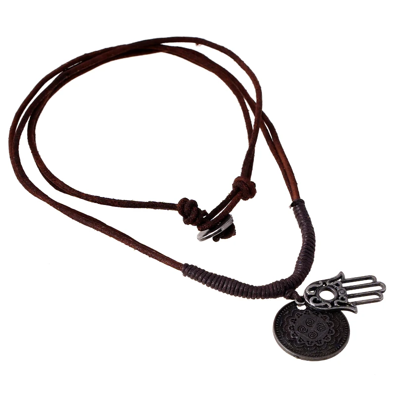 

MYTHIC AGE Hand Made Braided Rope Genuine Leather Fatima Hamsa Pendant Necklace Jewelry For Men Women Unisex