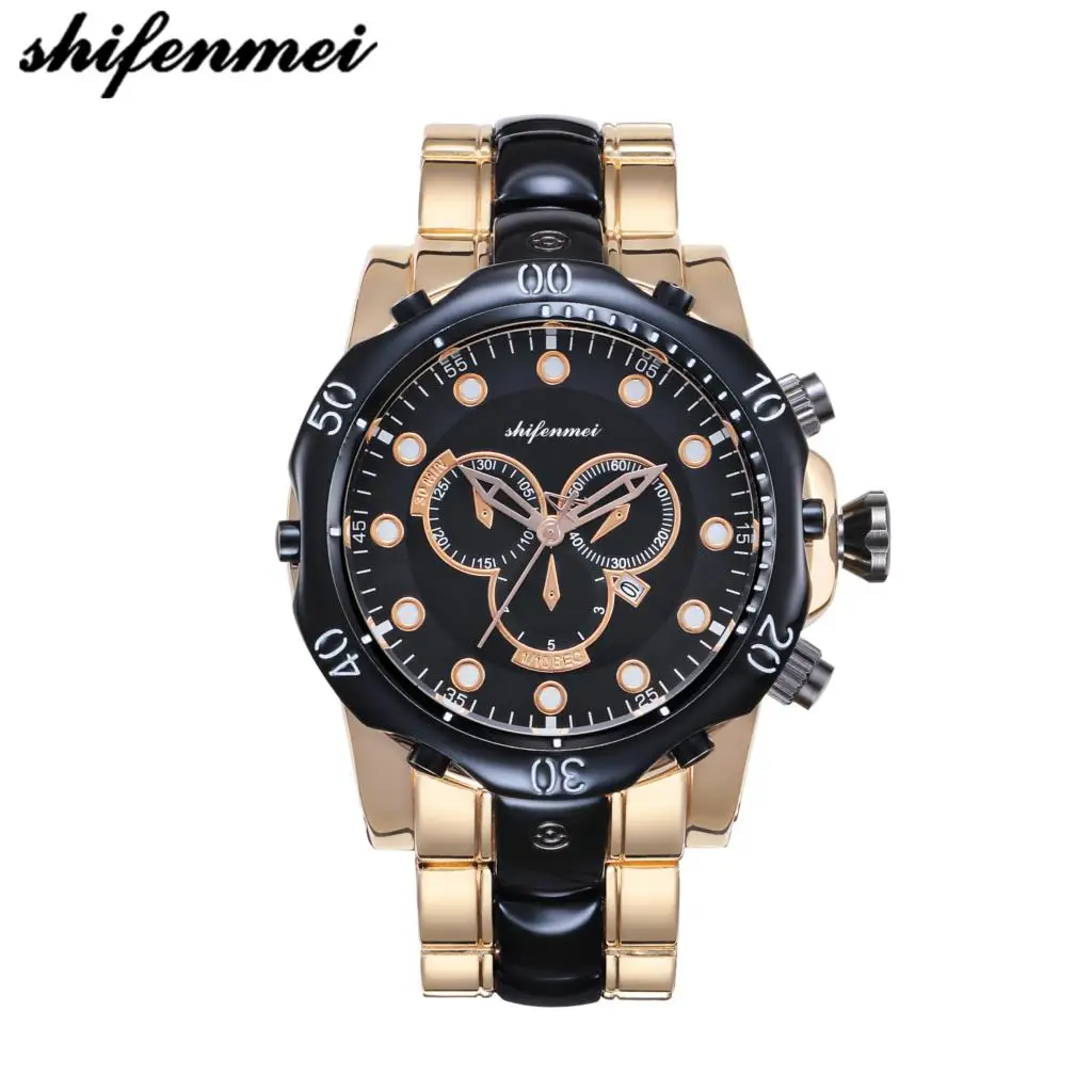 

Golden & Rose Gold Luxury Mens Black Dial Gold Stainless Steel Calendar Date Saat Quartz Analog Wrist Watch Montre Homme