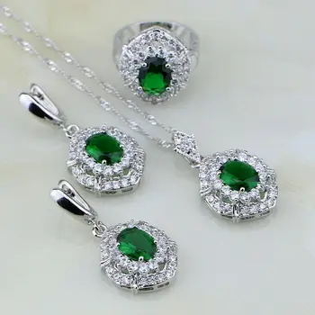 

Green Emerlad White Birthstones 925 Silver Jewelry Sets For Women Wedding Sliver Earrings/Pendant/Necklace/Ring 3PCS