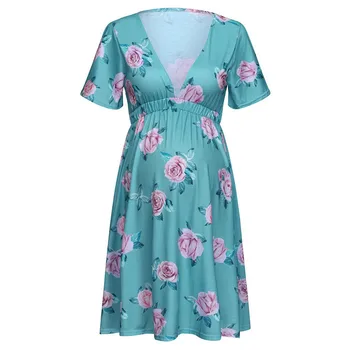 

Maternity Dresses Printing Short Sleeve Pregnancy Clothes Casual Summer Dresses Pregnant Mama Knee-length Sky Blue White Dress