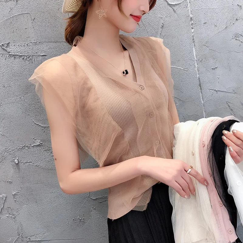 

New Summer Women Mesh T Shirt Sleeveless V Neck lace knitted patchwork Tops Tees Female Korean T-Shirt Chic Knit Shirts
