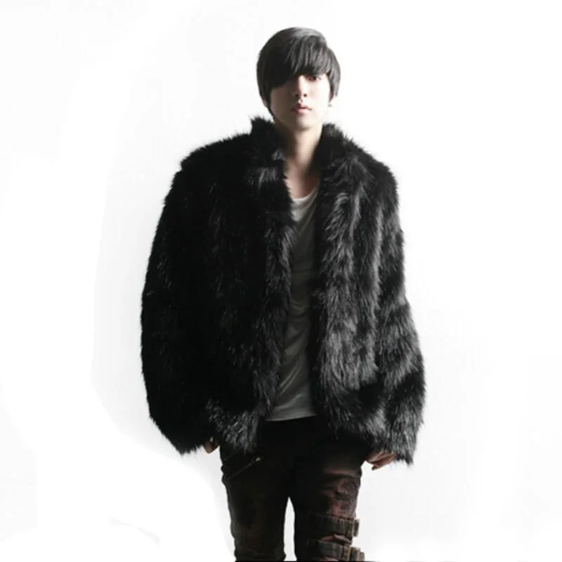 Зимнее пальто из искусственного меха, Новое мужское модное роскошное черное теплое пальто из лисьего меха, воротник Мандарин, мохнатая Меховая куртка, плюс размер S~ 3XL