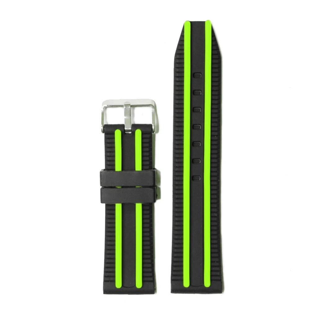 

24mm Black With Green Silicone Unisex Watch Band Straps WB1049C24JB