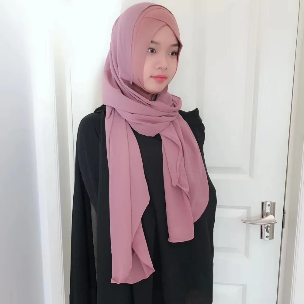 

Women Long Muslim Crossover Hijab Scarf Shawl Chiffon Islamic Headscarf Female Muslim Head Scarf Two Sets Inner Hijab+Scarf