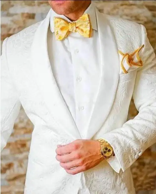 

White Patterns Men Suits Coat Pants 2019 Latest Designs Shawl Lapel Groom Tuxedos Groomsmen Wedding Party Suits Best Man Blazer