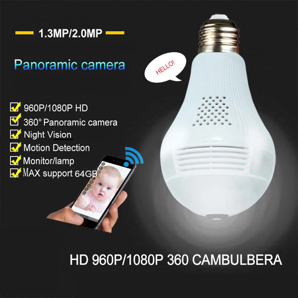 YuBeter Беспроводная ip-камера с лампочкой 960P 1080P 360 градусов рыбий глаз панорамная камера Домашняя безопасность видеонаблюдение ночное видение