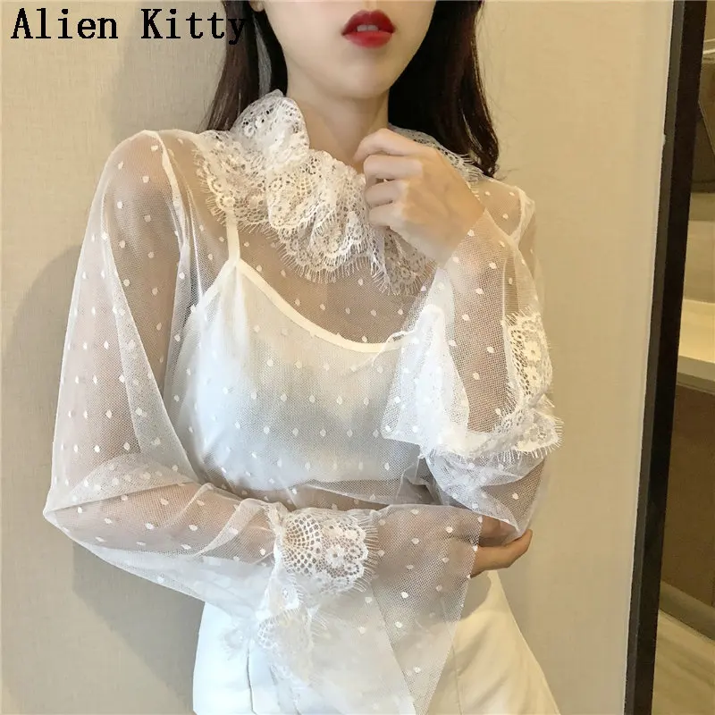 

Alien Kitty Stylish Hollow Out Hook Flowers Light Female Elegant Sweet Sexy Shirts Long Sleeves All Match Floral Regular Shirts