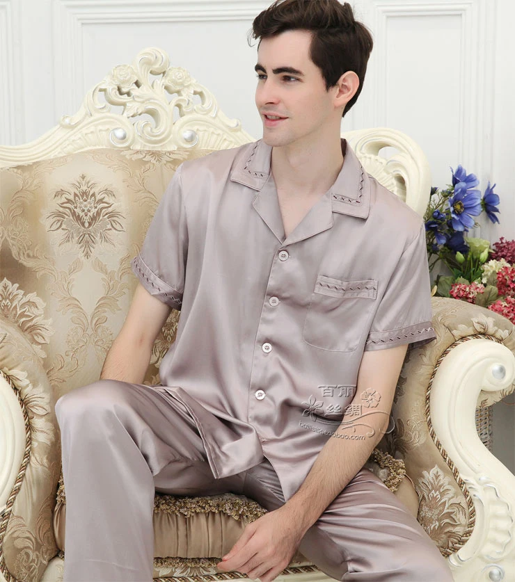Хорошо вентилируемые гладкая 100 шелк тутового шелкопряда Мужская футболка с короткими рукавами длинные шелковые Пижама, одежда для отдыха