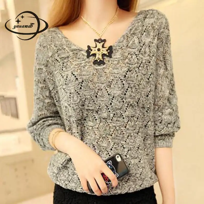 Yauamdb Women Sweater 2017 Autumn Winter Knitted Female V-neck Pullovers Ladies Hollow Loose Long Sleeve Knitwear Y16 | Женская одежда