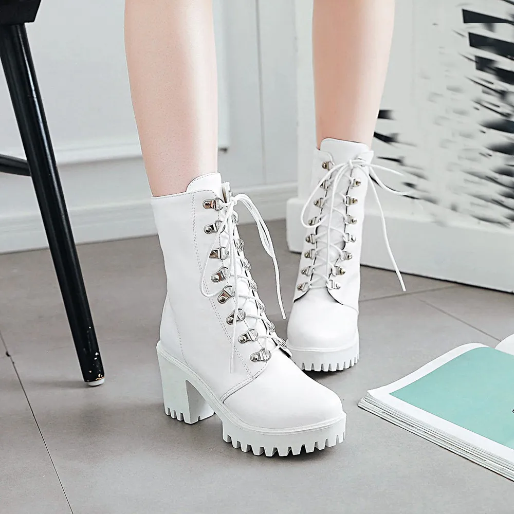 

Winter 2019 mid calf boots woman Leisure Vintage Lace-UP Women's leather boots Round Toe Thick Heel boots women winter 2019