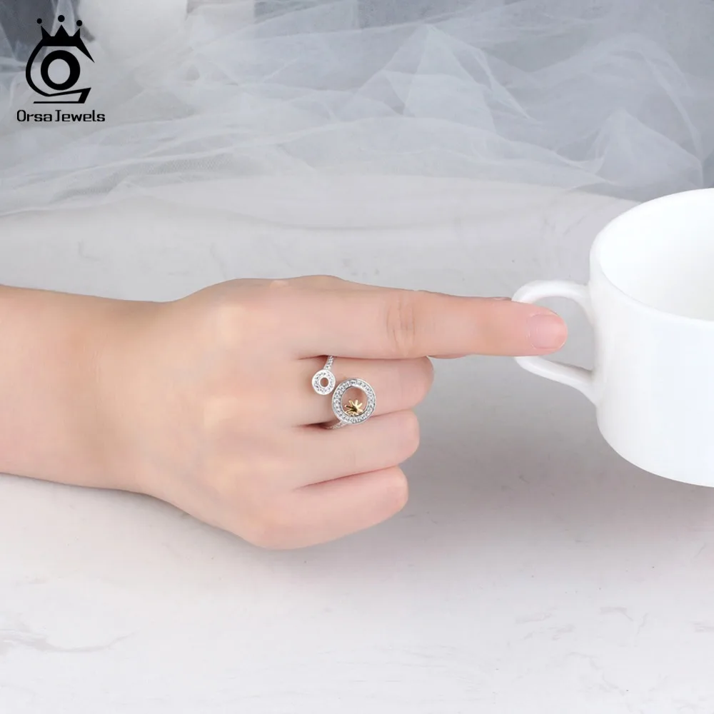 ORSA JEWELS Adjustable Rings For Women Open Cuff Snowflake With Hollowed Circle AAA Clear CZ Female Finger Ring Jewelry OR176