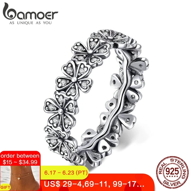 BAMOER Trendy New 100% 925 Sterling Silver Stackable Daisy Flower Finger Rings for Women Sterling Silver Wedding Jewelry SCR397