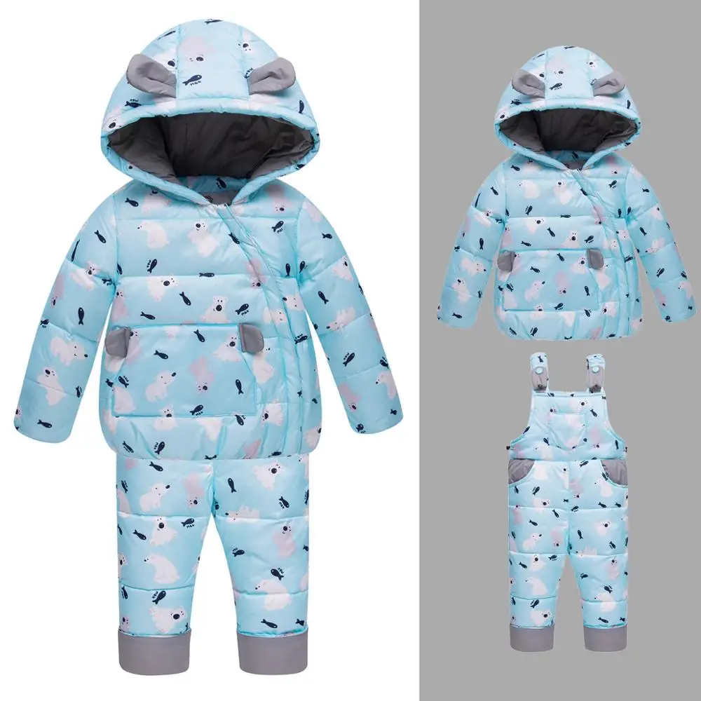 New kids down bear printed suits Children's duck down Outerwear&Coats with cap+Bib pants 2pcs boys girls winter warm set