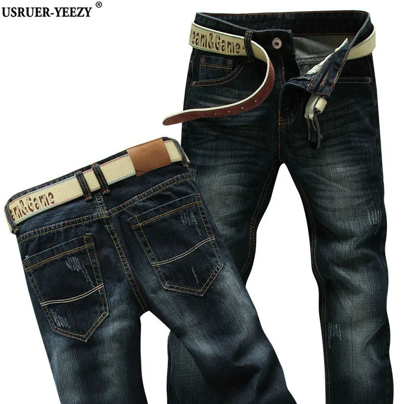 USRUER YEEZY Promotion Pants New Fashion Men Straight Casual Slim Fit Middle Waist Blue Washing Classic