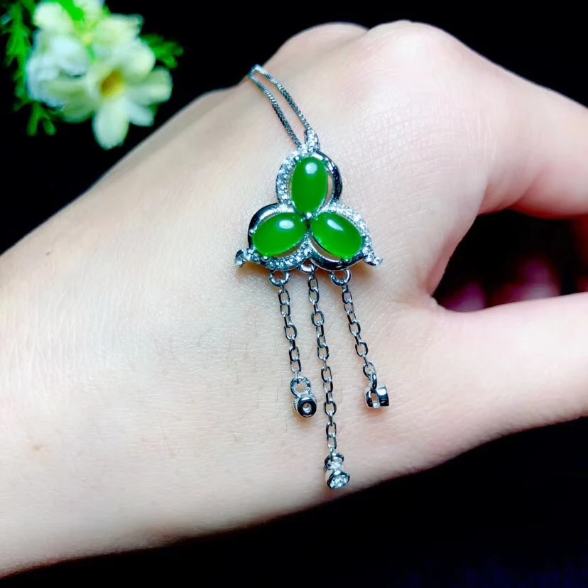 

natural green jasper gem pendant S925 silver Natural gemstone Pendant Necklace trendy Lovely heart Clover women gift jewelry