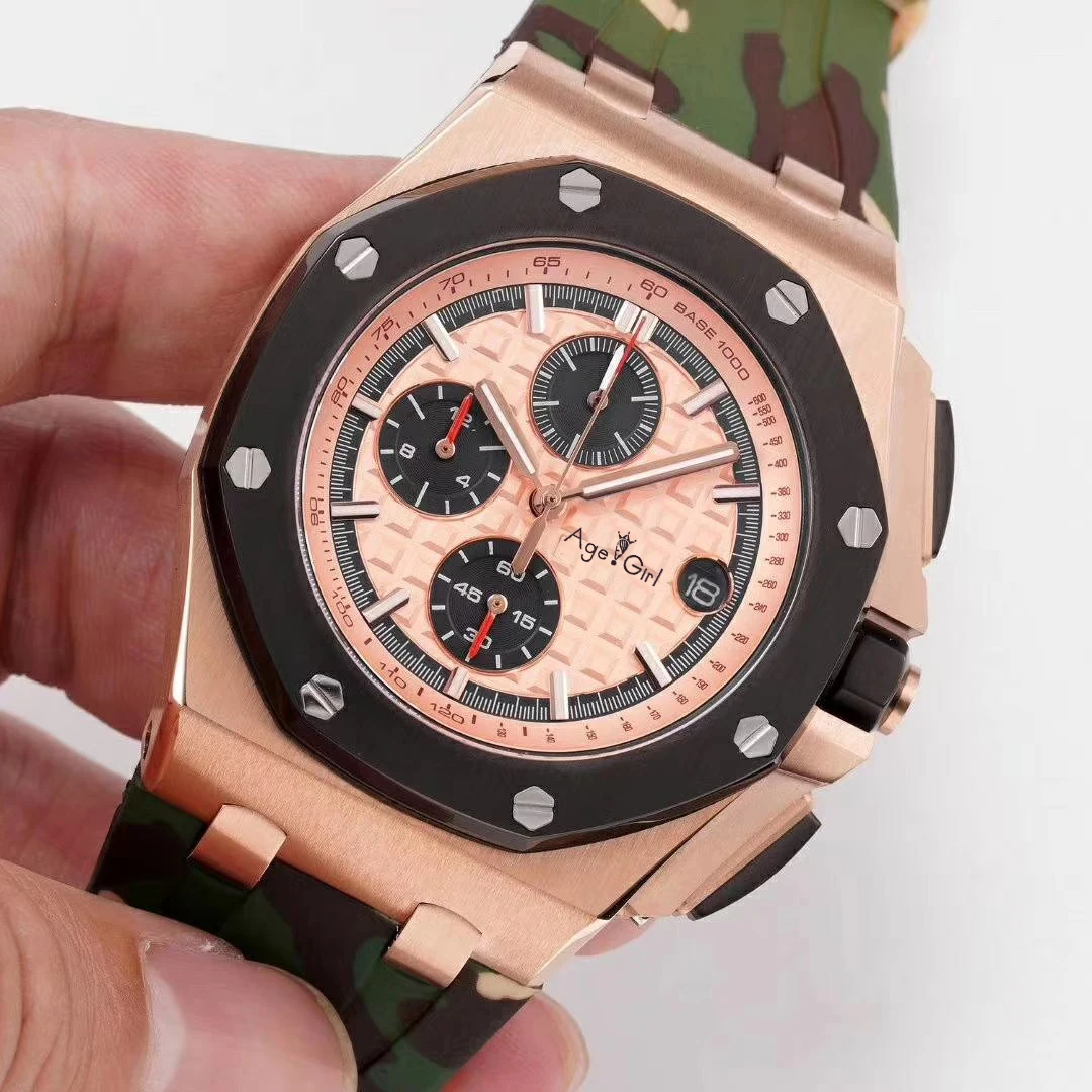 

Luxury Brand New Men Watches Chronograph Sapphire Stainless Steel Camouflage Rubber Rose Gold Silver Luminous Stopwatch Green