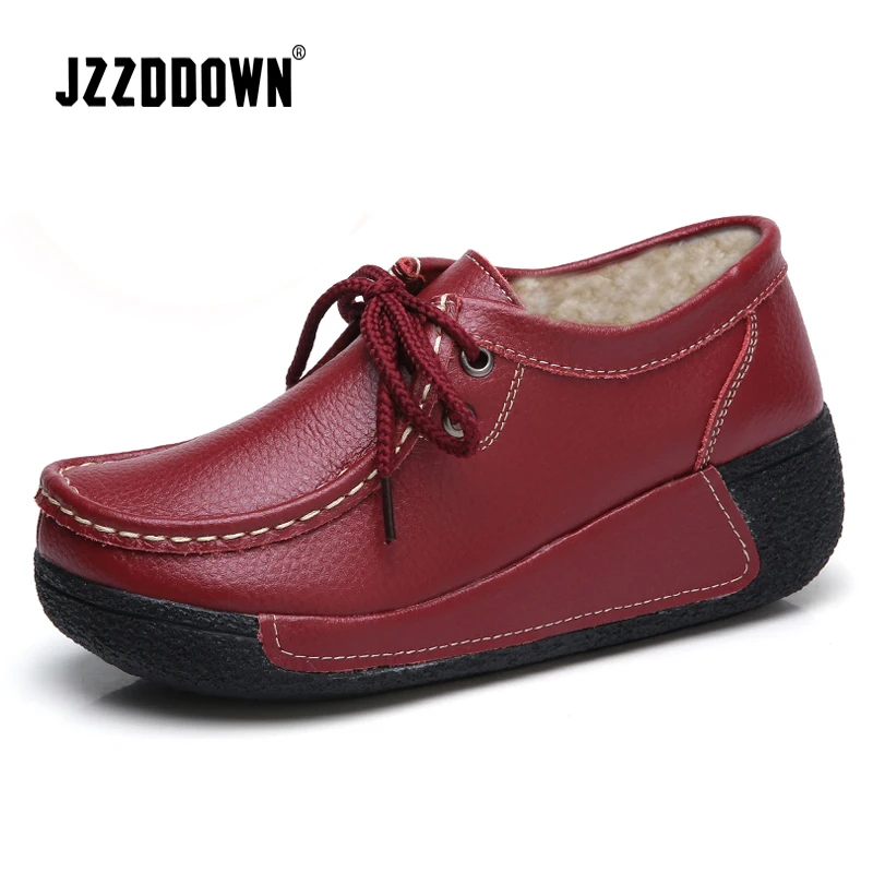 JZZDDOWN женская обувь из натуральной кожи с мехом женские туфли на платформе и