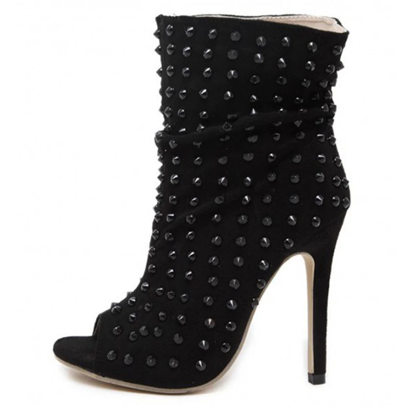 Frauen Besetzte Sommer Schwarz Fsj01 Stiletto Abend Toe Mit Nieten Peep Slouch Stiefel Klassische Heels Schuhe Party Fsj IwqFEgq