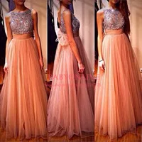2014 Hot Selling Vestidos De Fiesta Sleeveless Beading Crystal Bow Tulle Peach Maxi Long Evening Dresses Prom Dress BO5584