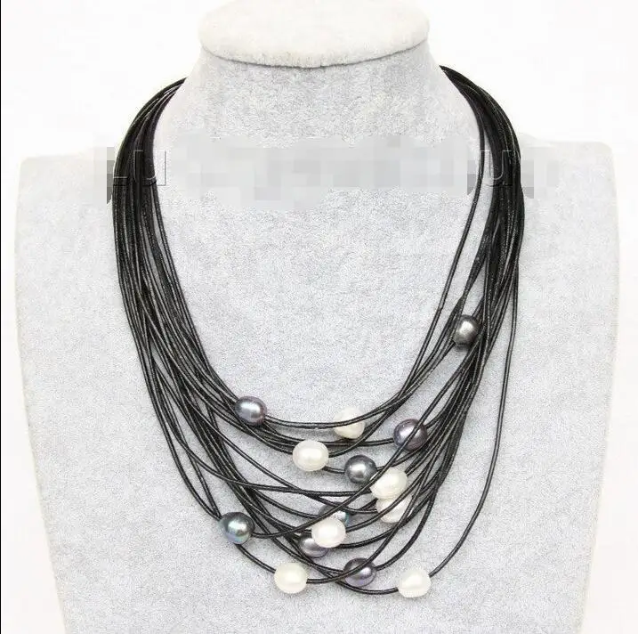 

Free Shipping >>> 17"-24" 13mm 15row white black pearls Black leather necklace j9621