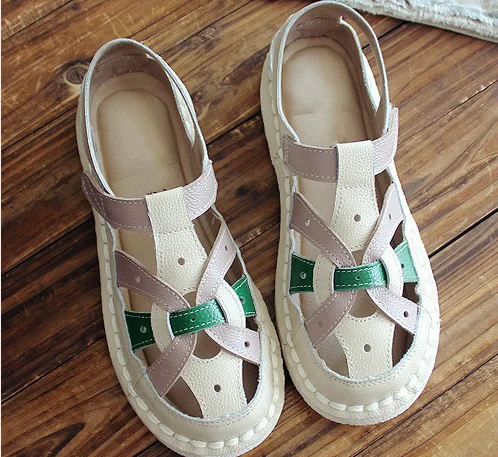 HUIFENGAZURRCS-лето; стиль; художественная Женская обувь в стиле ретро; оригинальные дышащие сандалии ручной работы из натуральной кожи - Цвет: Beige
