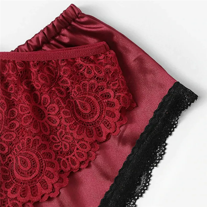 New Women Sexy Charm Sleepwear Plus Size Lace Nightwear Satin Shorts & Camisole Top & Pant 3 pack Lingerie Underwear #4A22 (5)