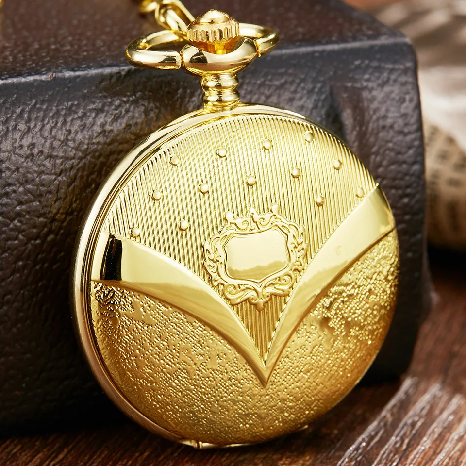 

Luxury Golden Mechanical Pocket Watch Men Retro Roman Numerals Dial Flip Steampunk Skeleton Pocket Clock FOB Watch With Chain