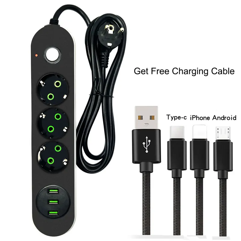 

Hot Selling EU Type Power Strip With 3 USB Ports Russian Electric Extension Cord Socket For Free Mobile Phone Charging Cable