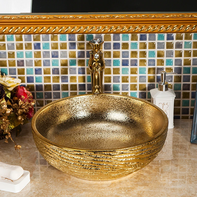 Europe Vintage Style Ceramic Sinks Counter Top Wash Basin Bathroom Sink ceramic bowl wash basin gold (9)