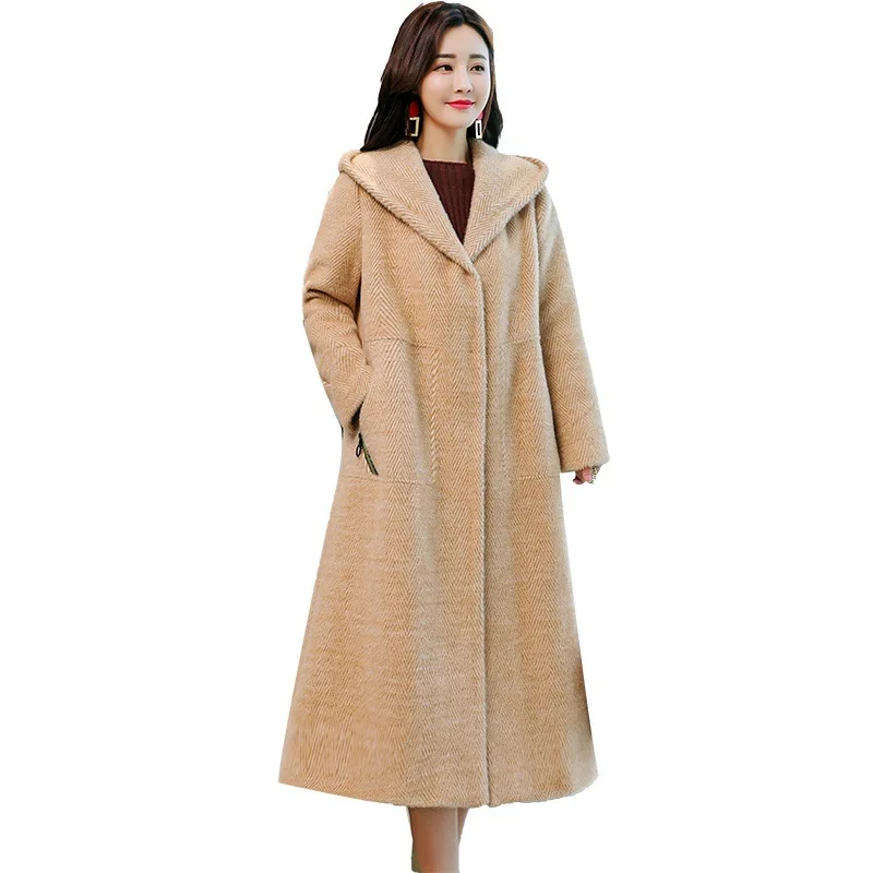 

Herringbone patter 2019 autumn and winter new woolen blends fashion temperament elegant hooded solid color