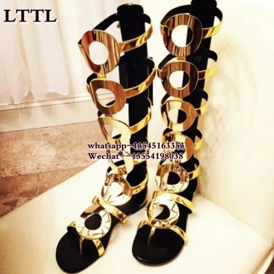 Summer Newest Model style fashionable elegant gold concise circle hollow out women shoes open Toe long flat sandal Boots On Sale цена Summer Newest Model style fashionable elegant gold concise circle hollow out women shoes open Toe long flat sandal Boots On Sale цены онлайн