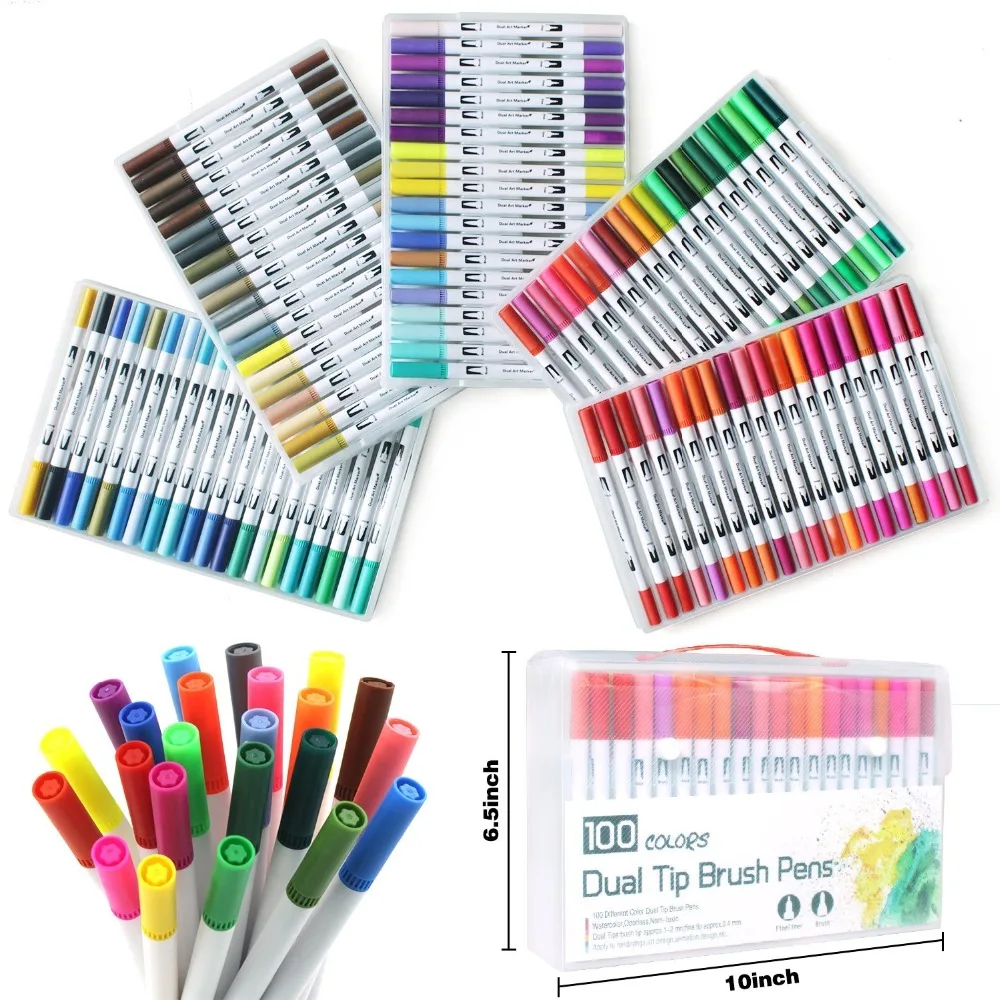 Фломастеры с двумя наконечниками, 100 цветов, акварельные ручки с двумя кисточками, кончики для раскрашивания, художественные эскизы, каллиграфия, манга, маркеры, принадлежности