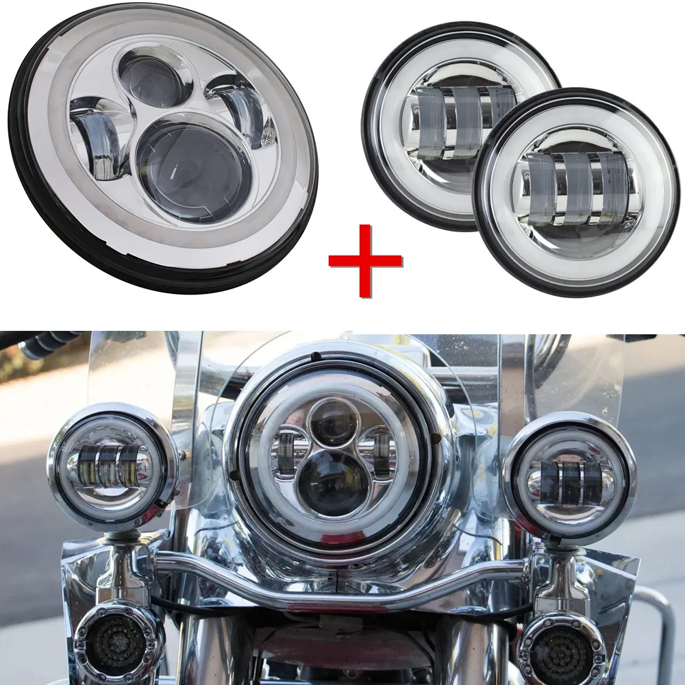 

7" Moto LED Halo Headlight + Chrome 4.5 inch Auxiliary Fog Spot Passing Lights for Harley ( white Yellow blue Red Green DRL )