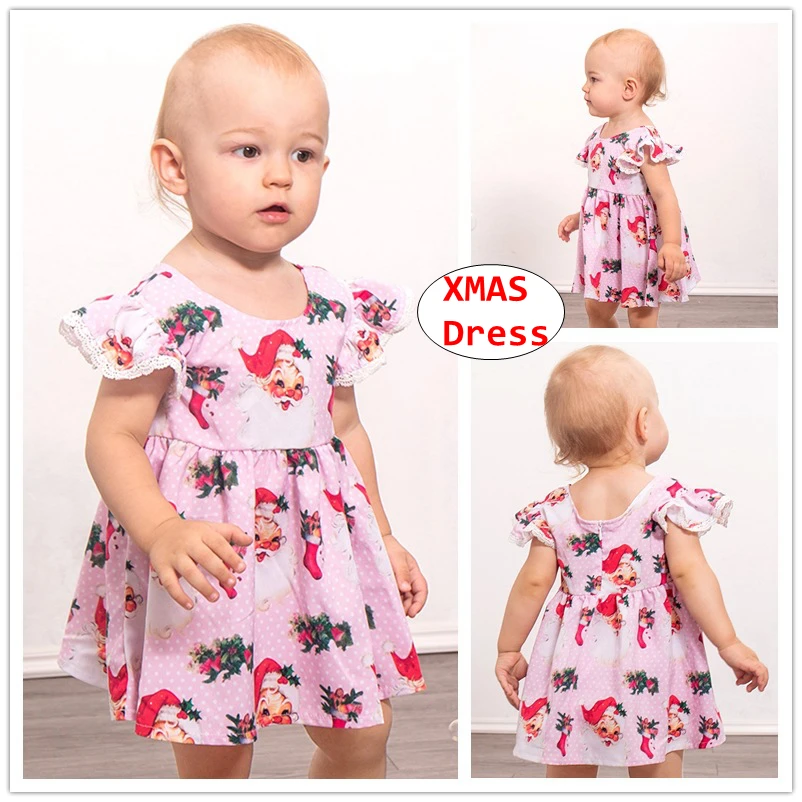 INS Girl Christmas Pink dress Baby Girls Father Christmas print dress
