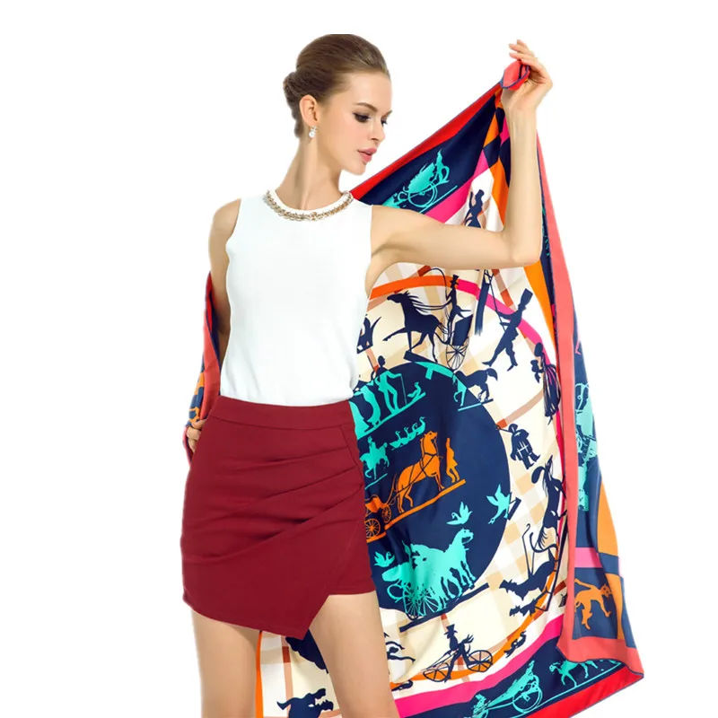 

Luxury Brand 100% Twill Silk Scarf Women Euro Carriage Neck Wraps Echarpe Square Scarf Female Big Size Shawl Hijab Neckerchief
