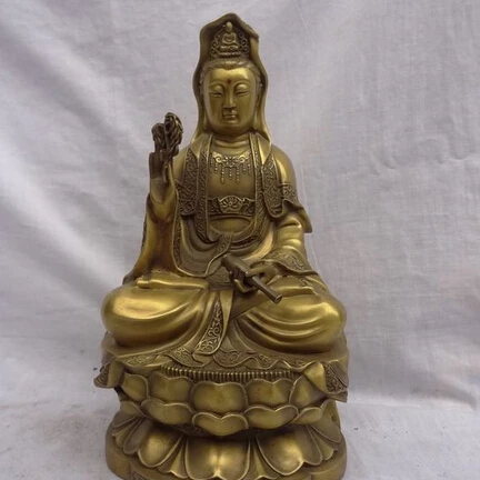 

JP S62 10" Chinese Pure Brass Joss Lotus Kwan-Yin GuanYin Bodhisattva Buddha Pot Statue
