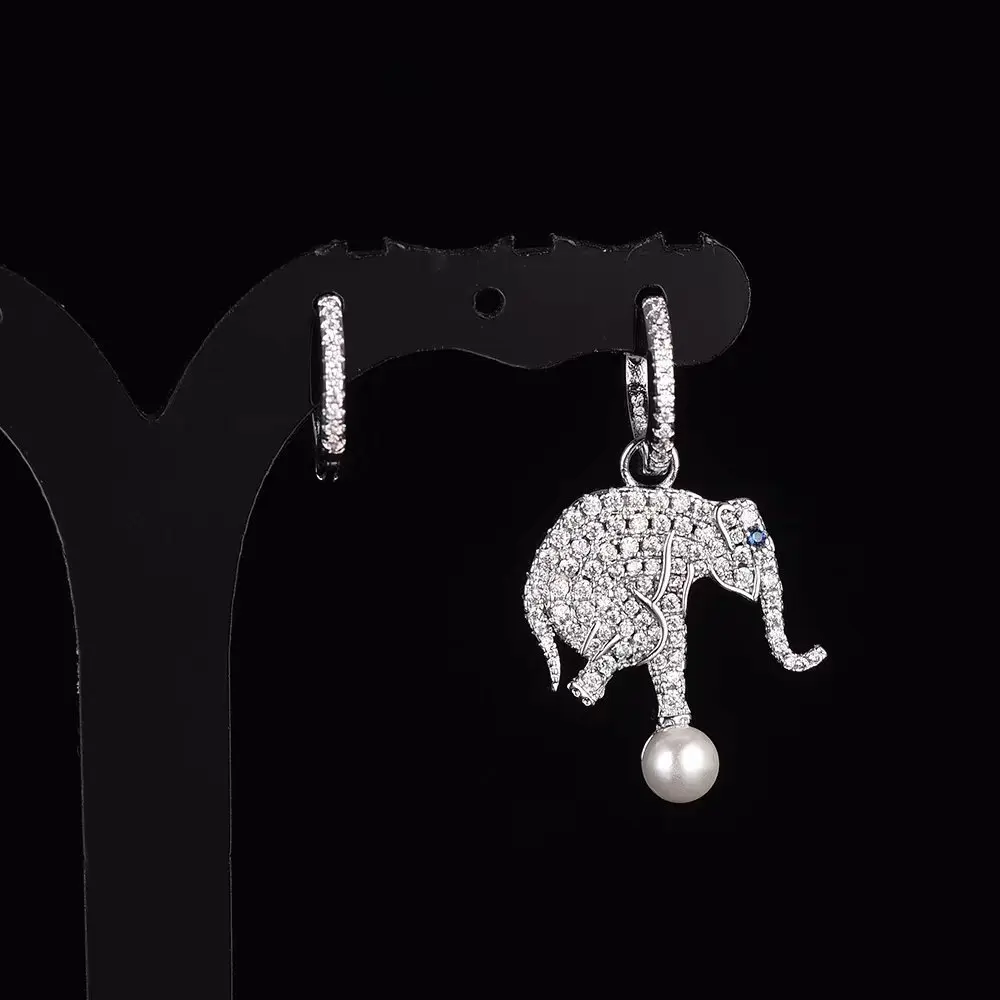 

Cute Design Silver Asymmetrical Elephant Drop Earrings with Fresh Pearl CZ Zircon Stones Women Monaco EQUILIBRE Jewelry