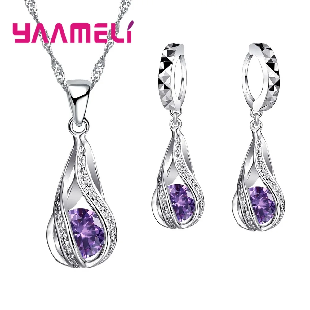Purple Новое поступление, набор ювелирных изделий в форме капли воды с фианитами, 925 пробы, серебряное ожерелье и серьги, Свадебные Ювелирные наборы для женщин, вечерние комплекты для помолвки - Окраска металла: Purple