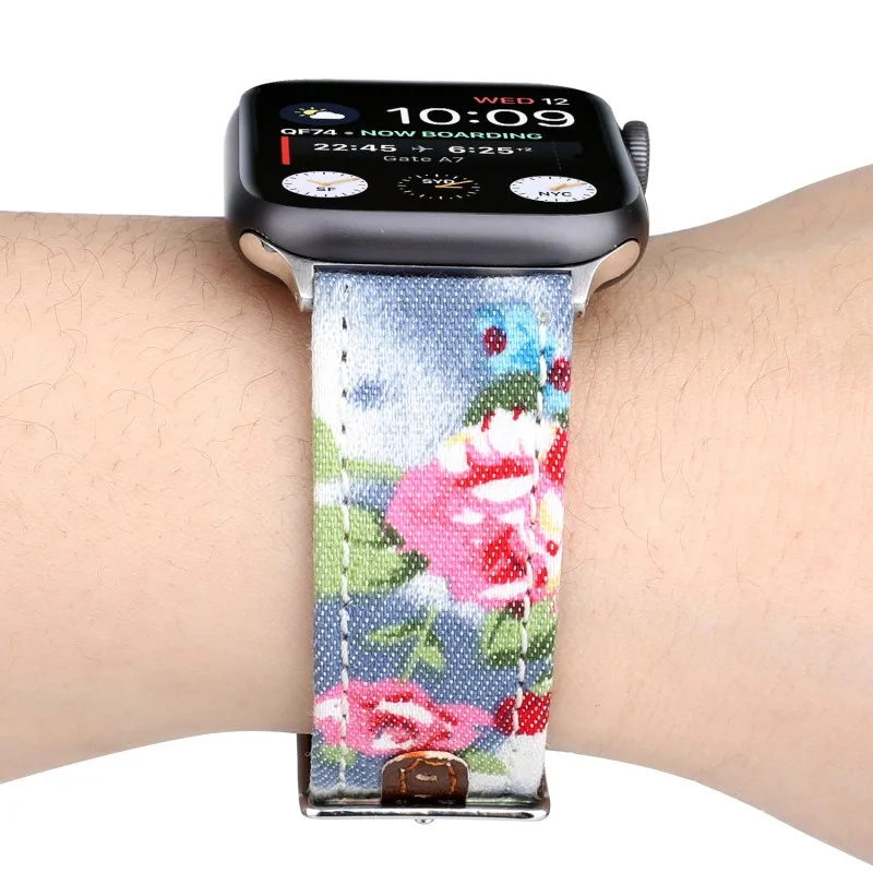 Ремешок из искусственной кожи с цветами для Apple Watch 44/ 40 мм 42/38 сменный джинсовый